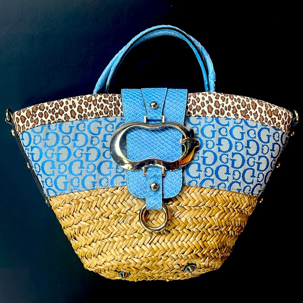 Y2K Guess Tote in Straw & Blue